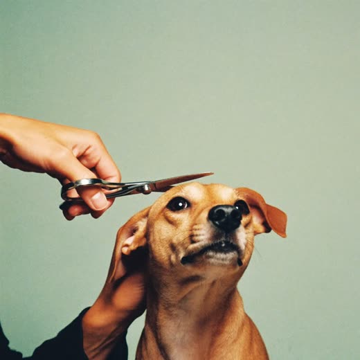 Scissors trimming the hair around a small dog's face